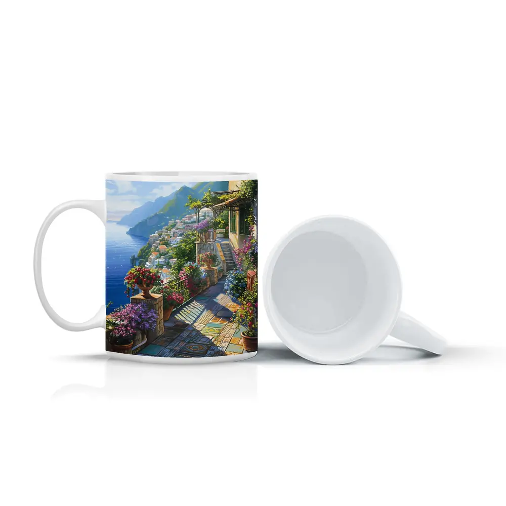 Amalfi Coast Terrace Flowers Mediterranean Painting – Mugs