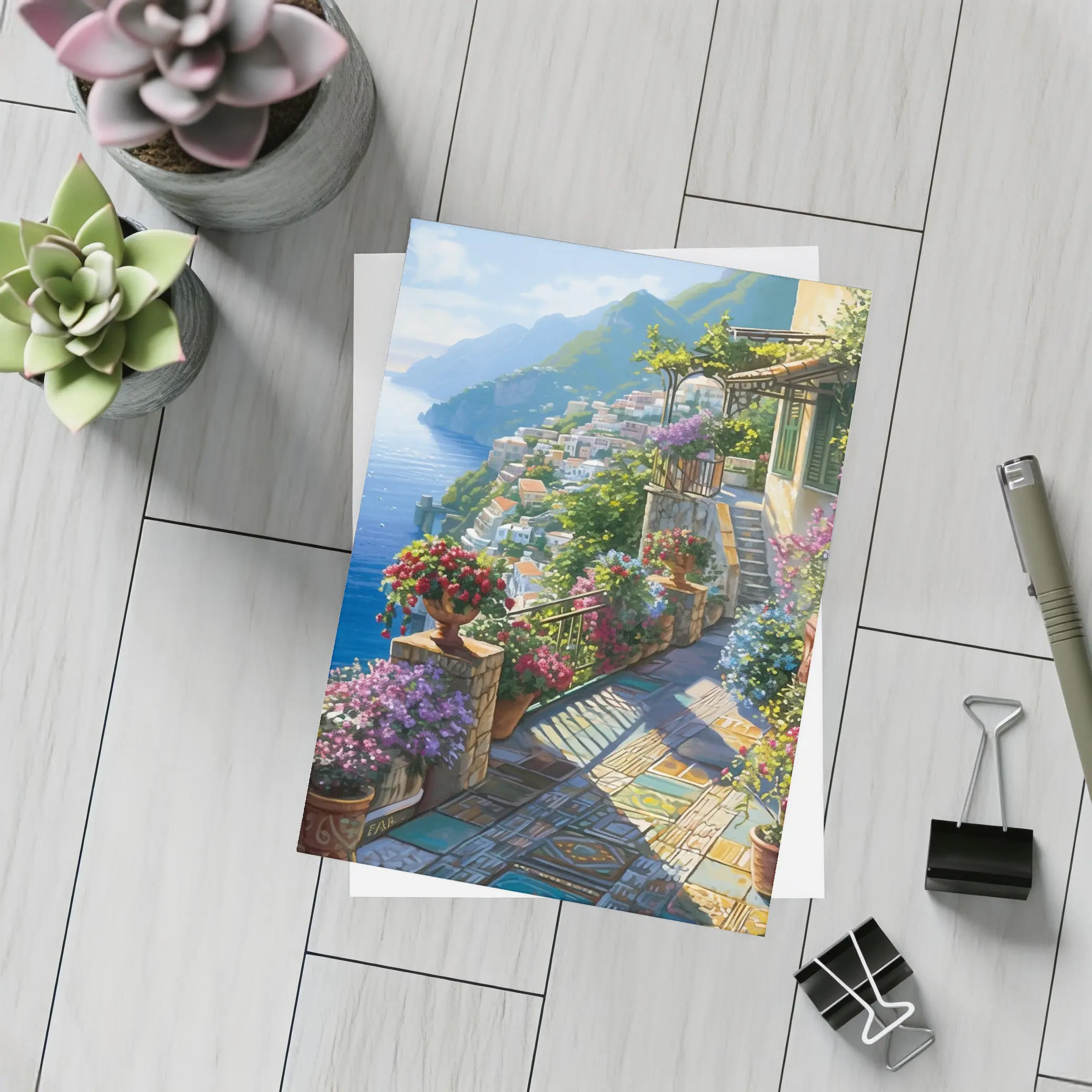 Amalfi Coast Terrace Flowers Mediterranean Painting – Postcards