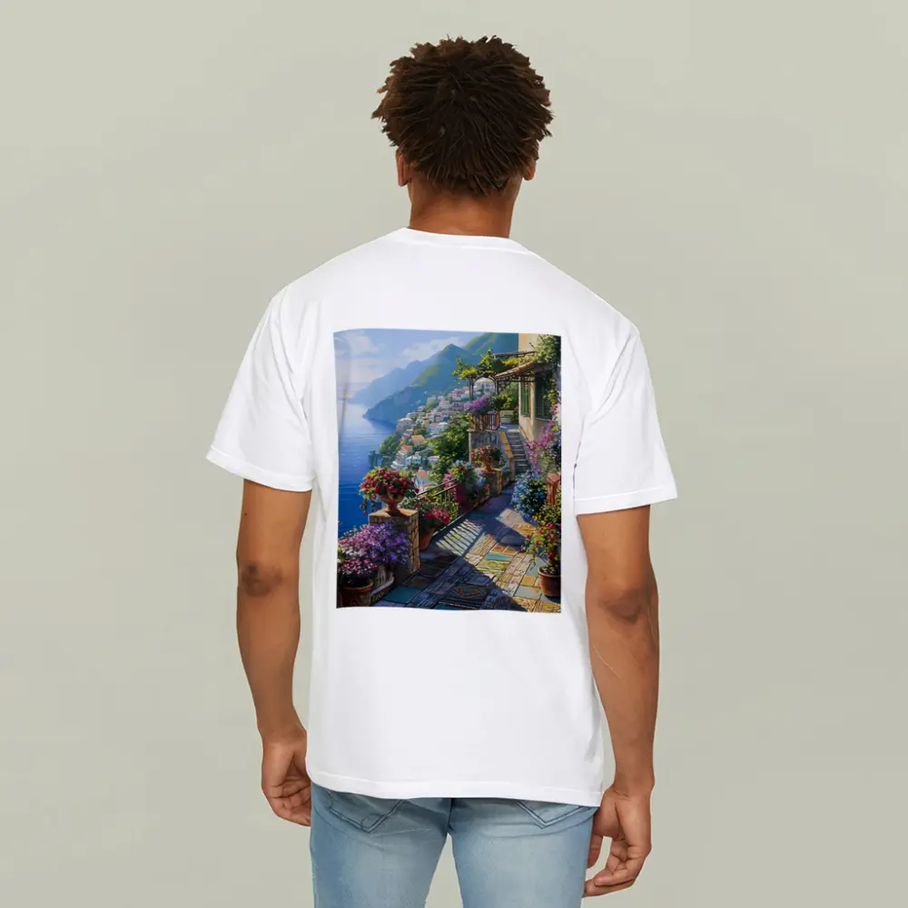 Amalfi Coast Terrace Flowers Mediterranean Painting – T-Shirts
