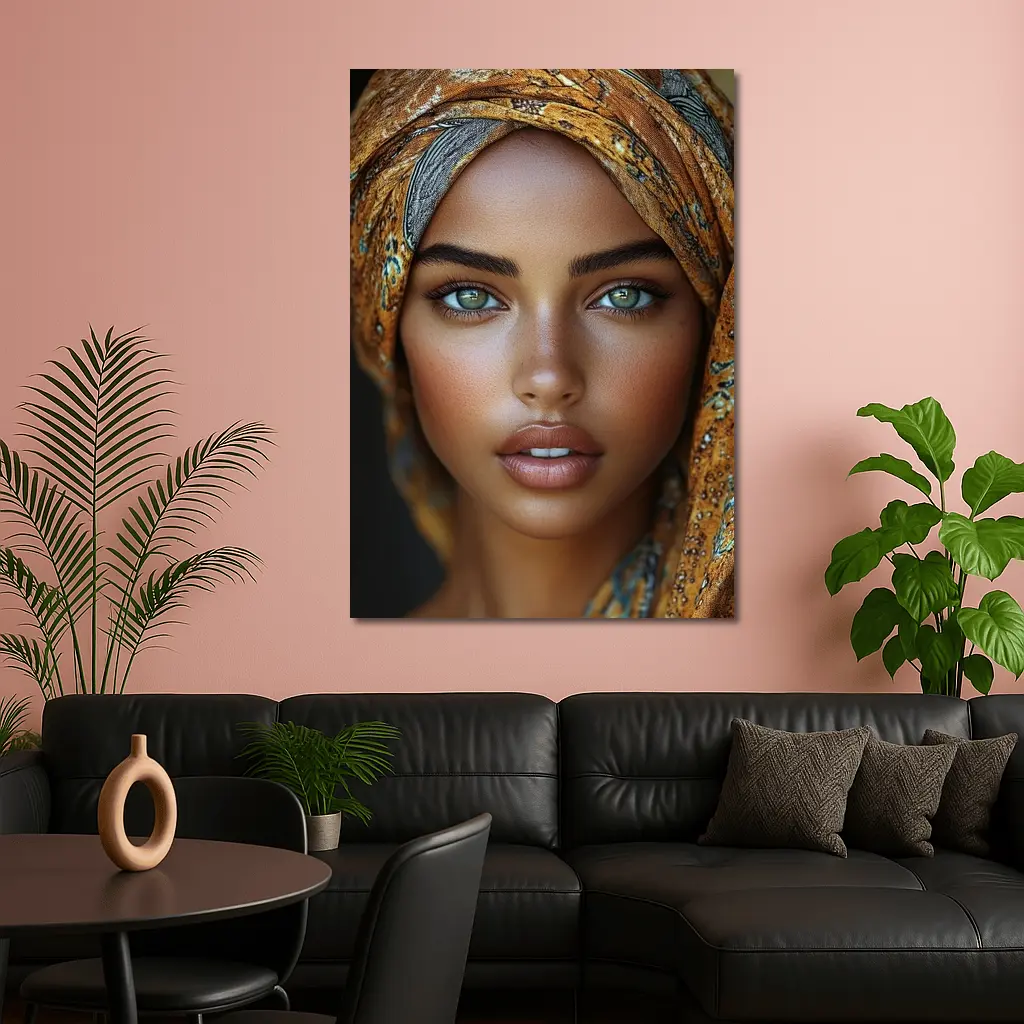 Woman Portrait Green Eyes Gold Headscarf – Wall Art