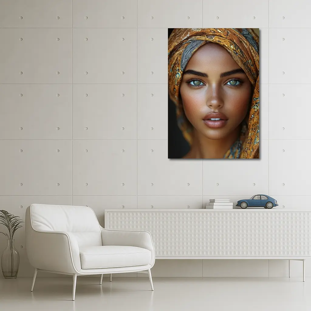 Woman Portrait Green Eyes Gold Headscarf – Wall Art