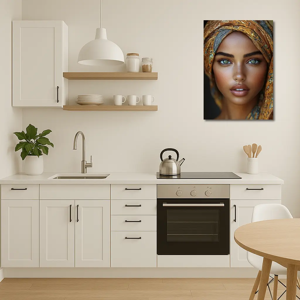 Woman Portrait Green Eyes Gold Headscarf – Wall Art