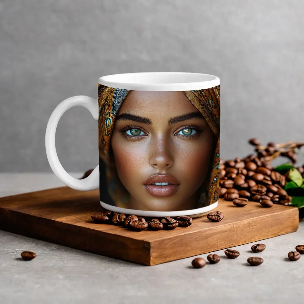 Woman Portrait Green Eyes Gold Headscarf – Mugs