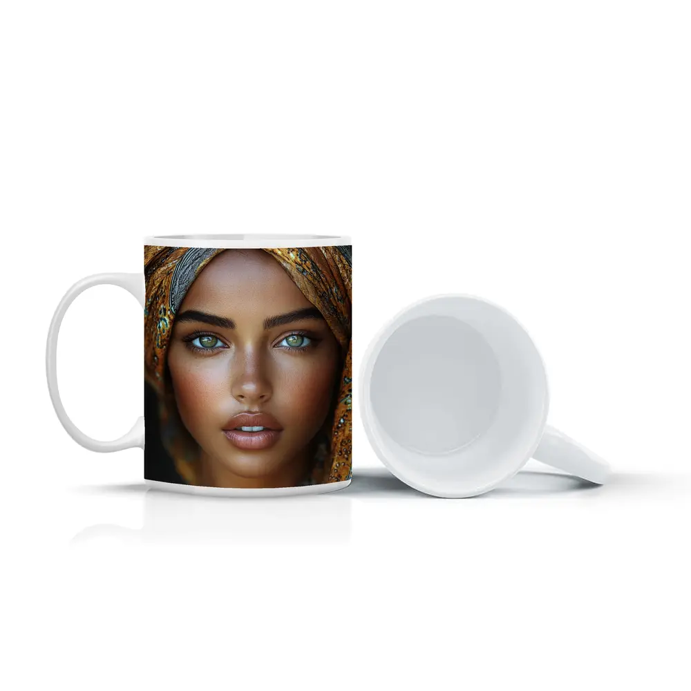 Woman Portrait Green Eyes Gold Headscarf – Mugs