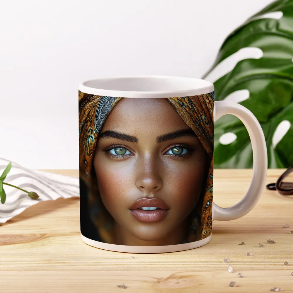 Woman Portrait Green Eyes Gold Headscarf – Mugs