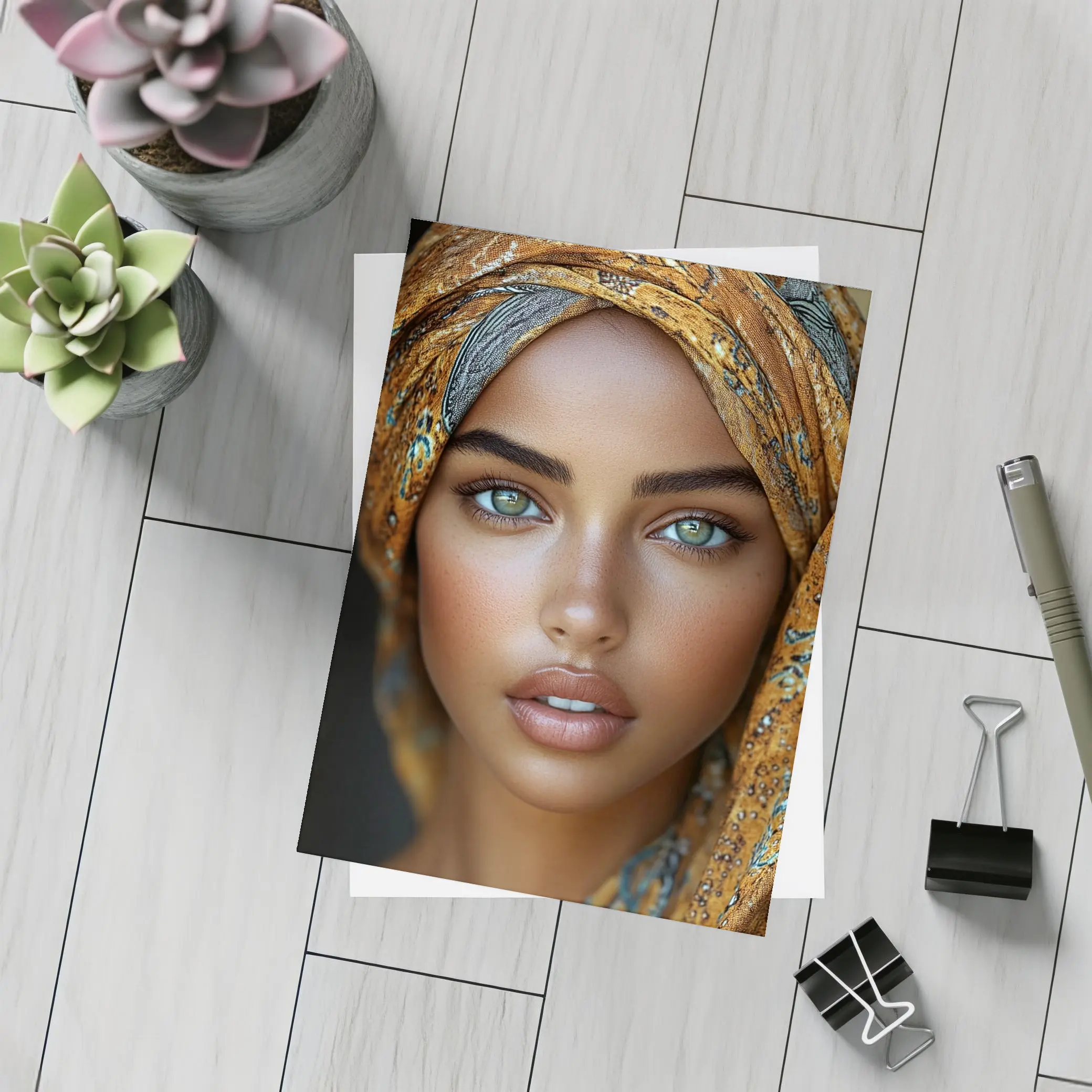 Woman Portrait Green Eyes Gold Headscarf – Postcards