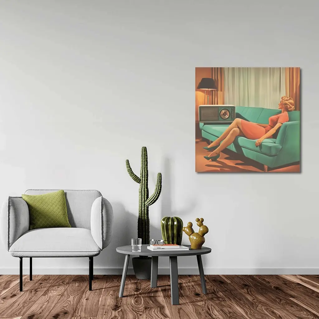 Retro Woman Relaxing On Teal Sofa – Wall Art