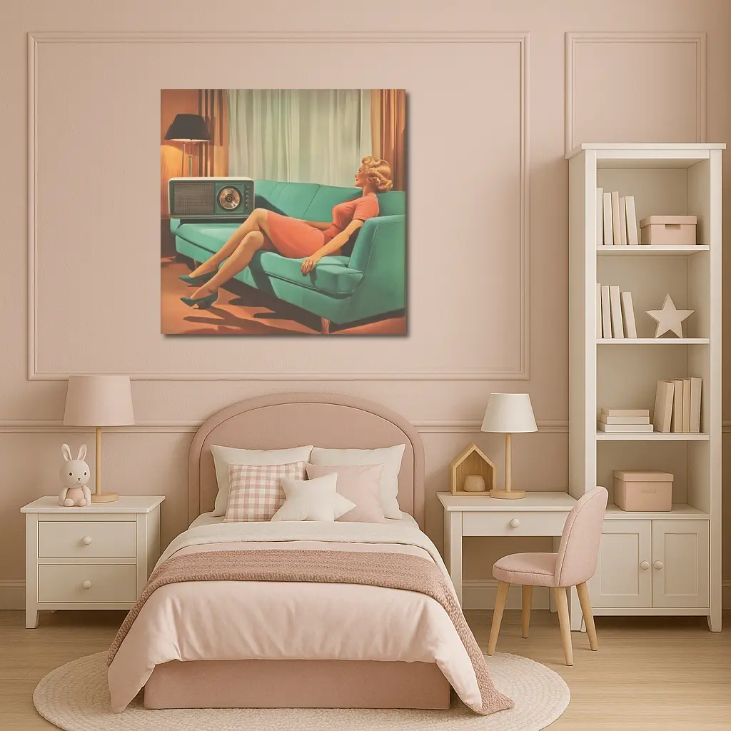 Retro Woman Relaxing On Teal Sofa – Wall Art