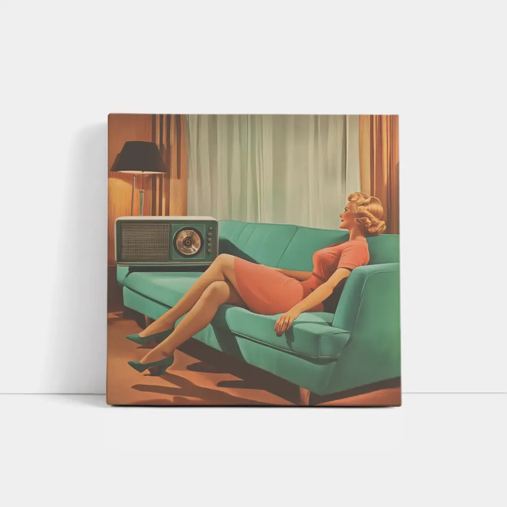Retro Woman Relaxing On Teal Sofa – Wall Art