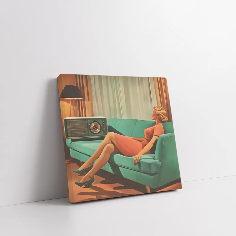 Retro Woman Relaxing On Teal Sofa – Wall Art