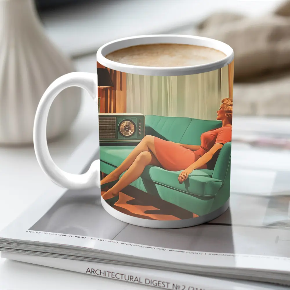 Retro Woman Relaxing On Teal Sofa – Mugs