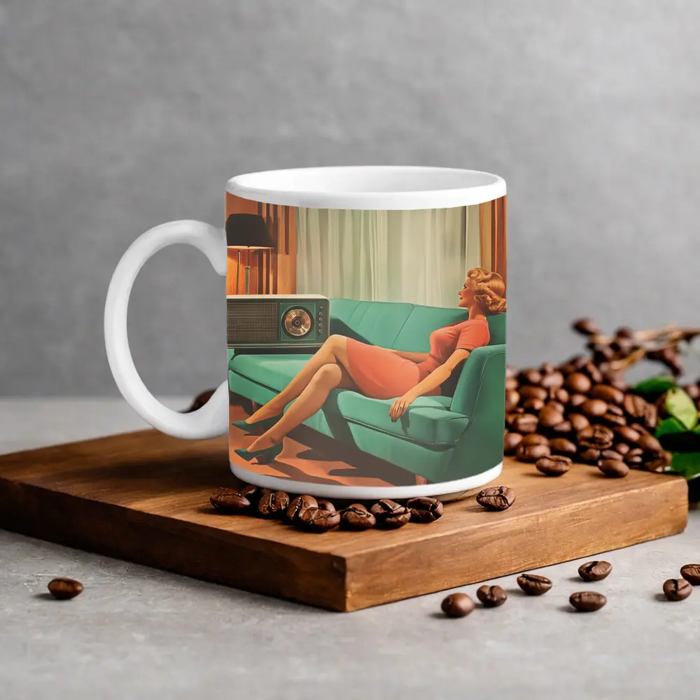 Retro Woman Relaxing On Teal Sofa – Mugs