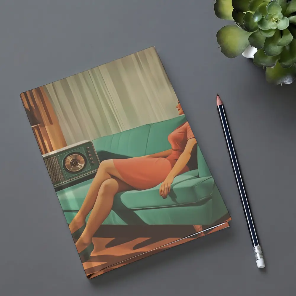 Retro Woman Relaxing On Teal Sofa – Notebooks