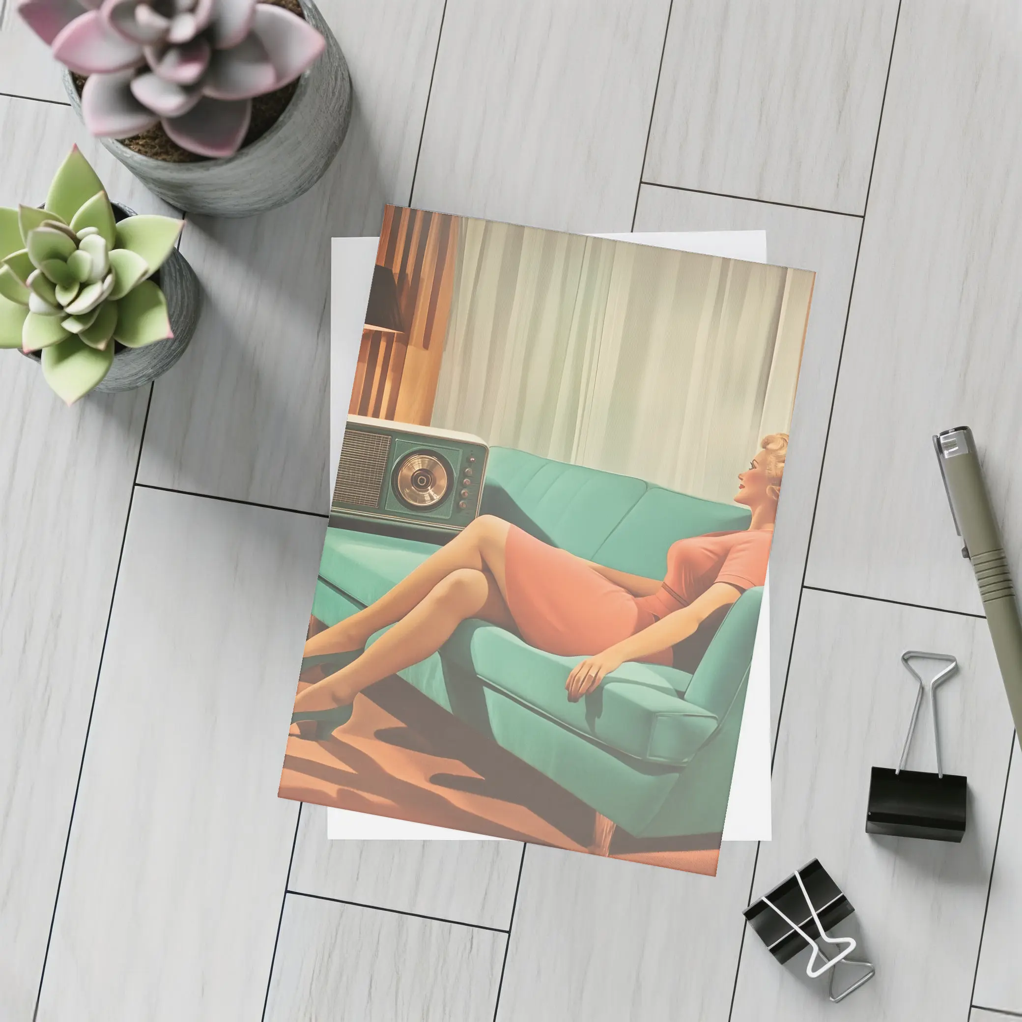 Retro Woman Relaxing On Teal Sofa – Postcards