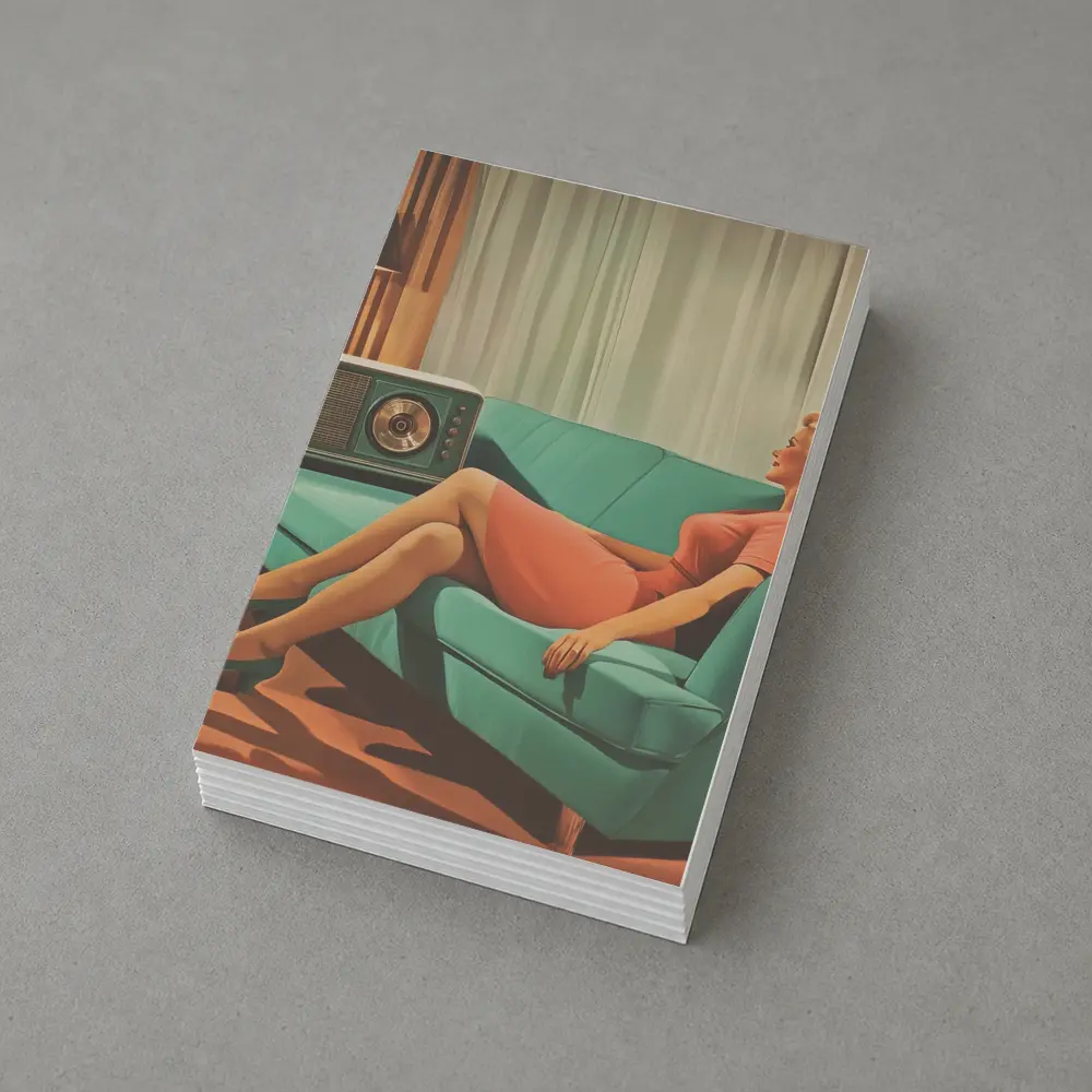 Retro Woman Relaxing On Teal Sofa – Postcards