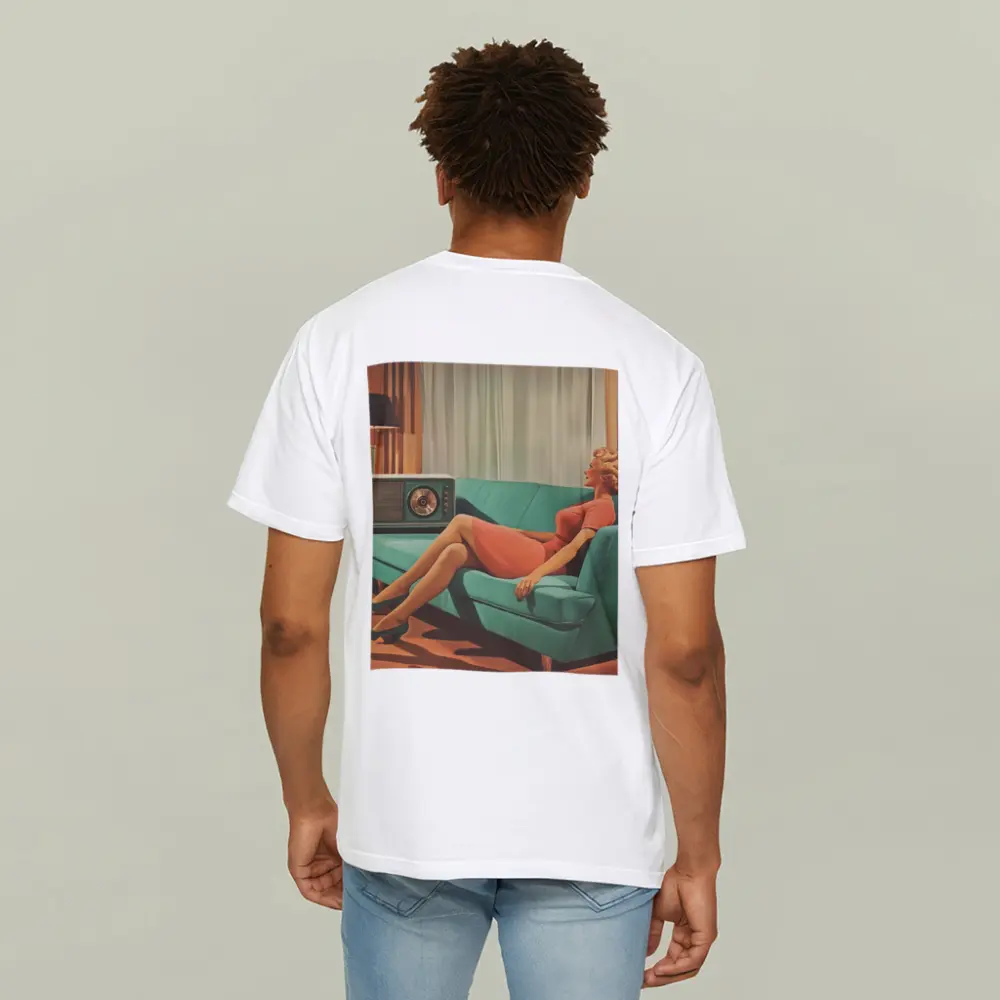 Retro Woman Relaxing On Teal Sofa – T-Shirts