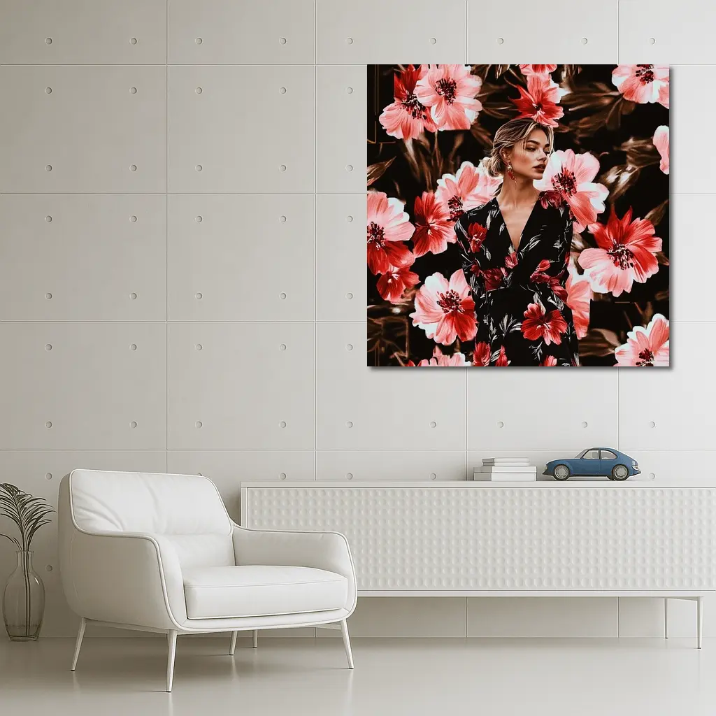 Woman in Floral Dress Dark Botanical Background – Wall Art