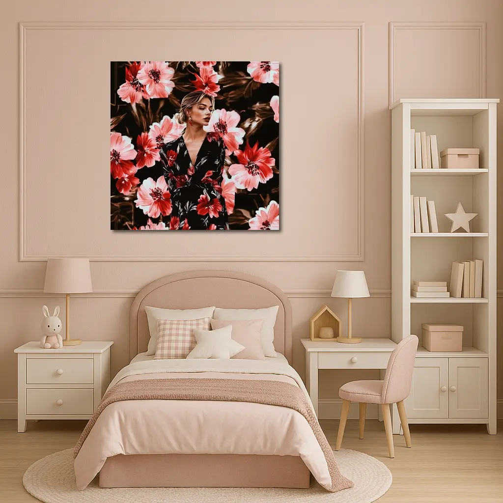 Woman in Floral Dress Dark Botanical Background – Wall Art