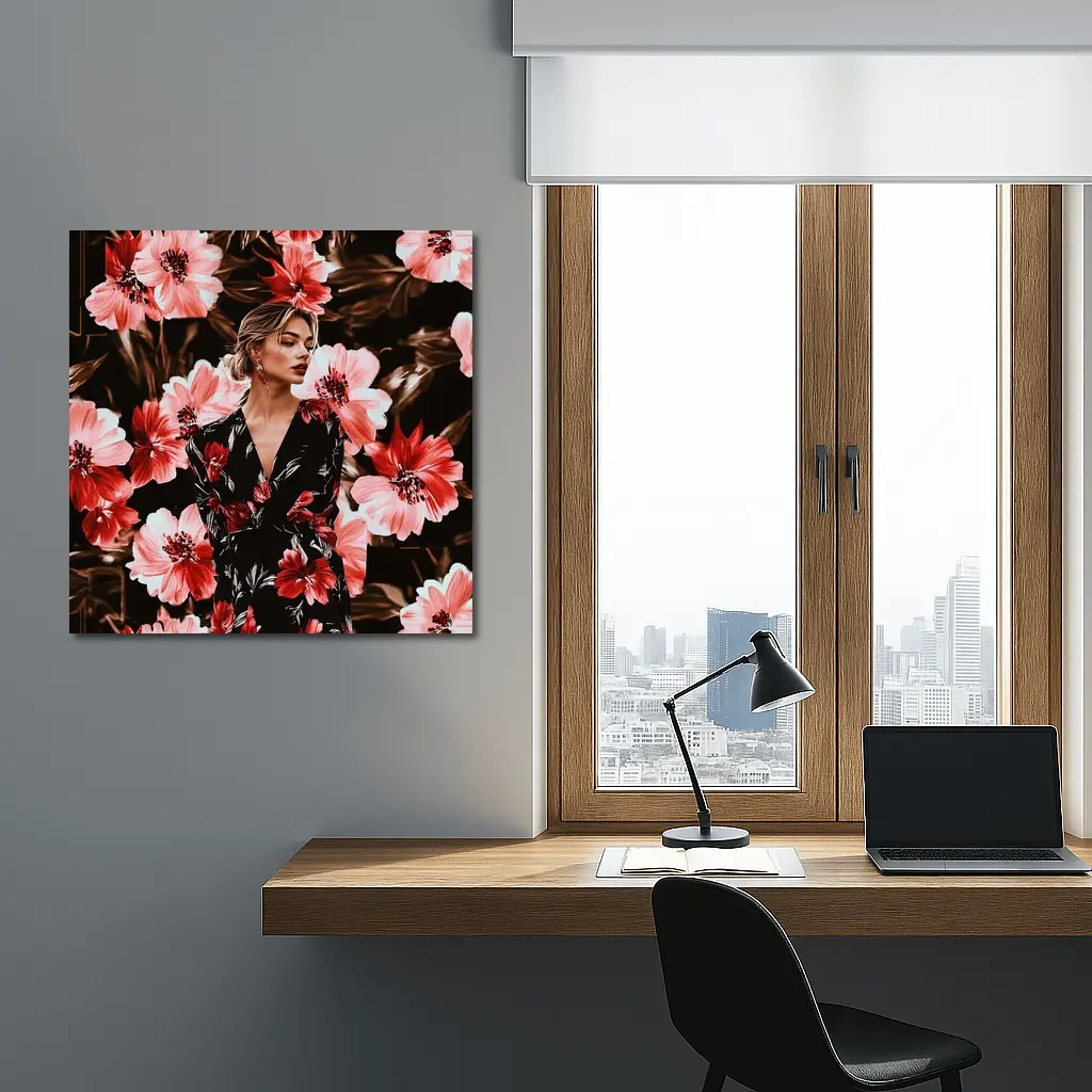 Woman in Floral Dress Dark Botanical Background – Wall Art