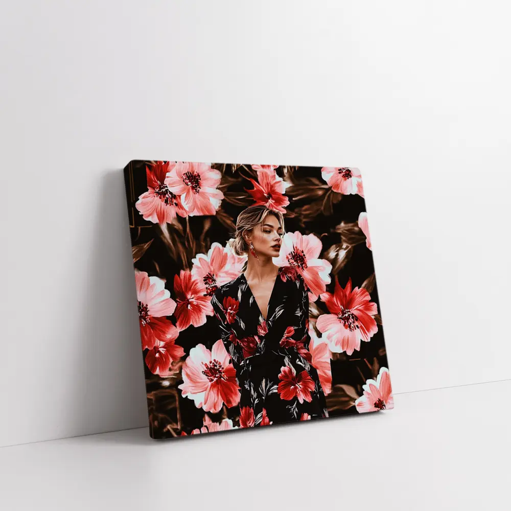 Woman in Floral Dress Dark Botanical Background – Wall Art