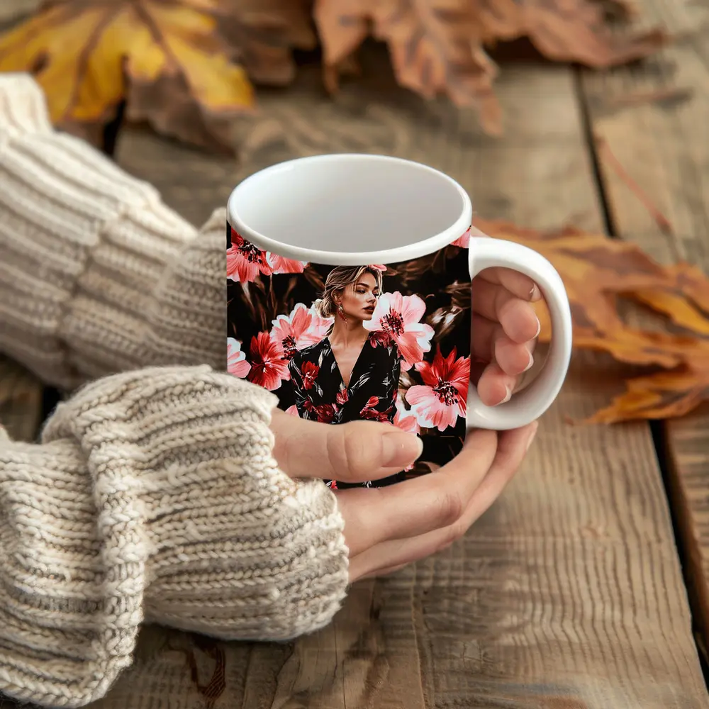 Woman in Floral Dress Dark Botanical Background – Mugs