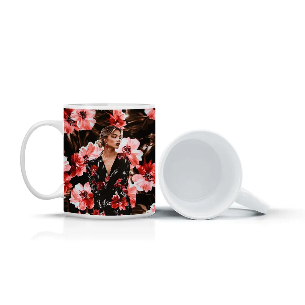 Woman in Floral Dress Dark Botanical Background – Mugs