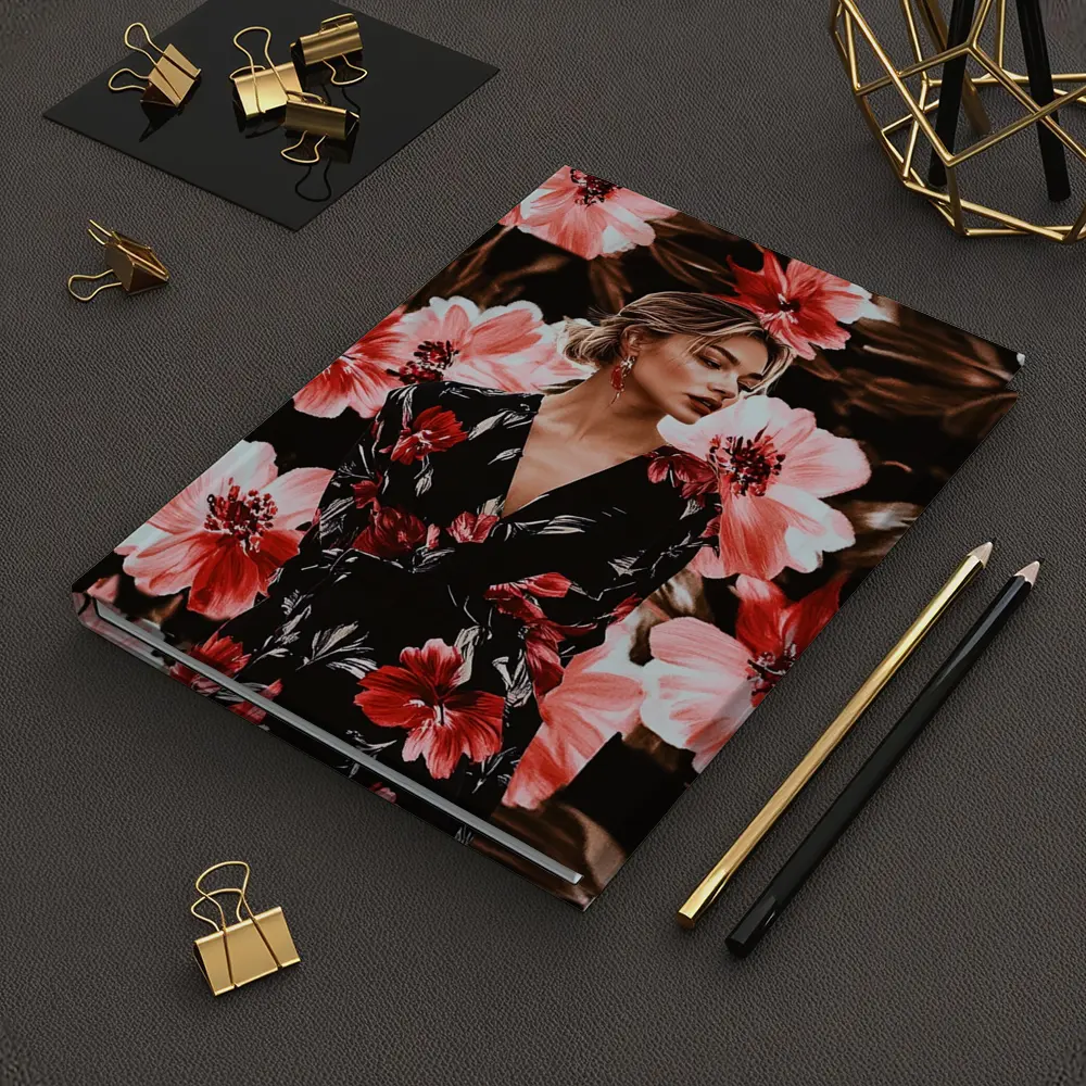 Woman in Floral Dress Dark Botanical Background – Notebooks