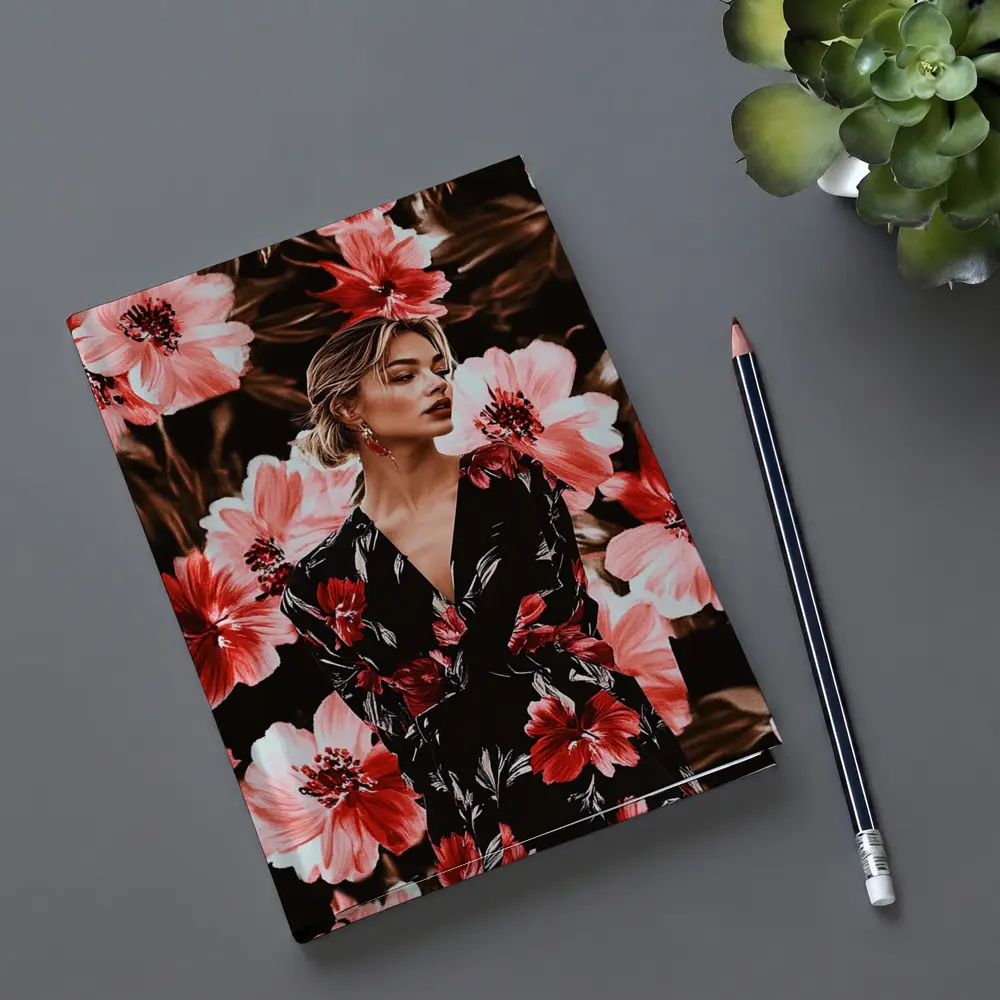 Woman in Floral Dress Dark Botanical Background – Notebooks