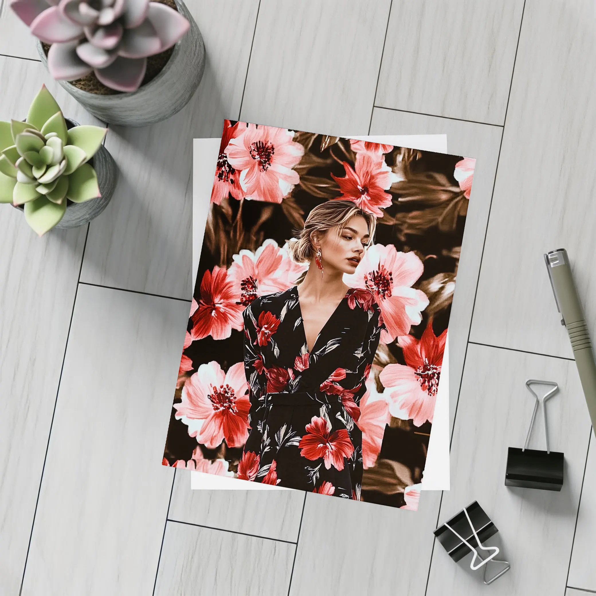 Woman in Floral Dress Dark Botanical Background – Postcards