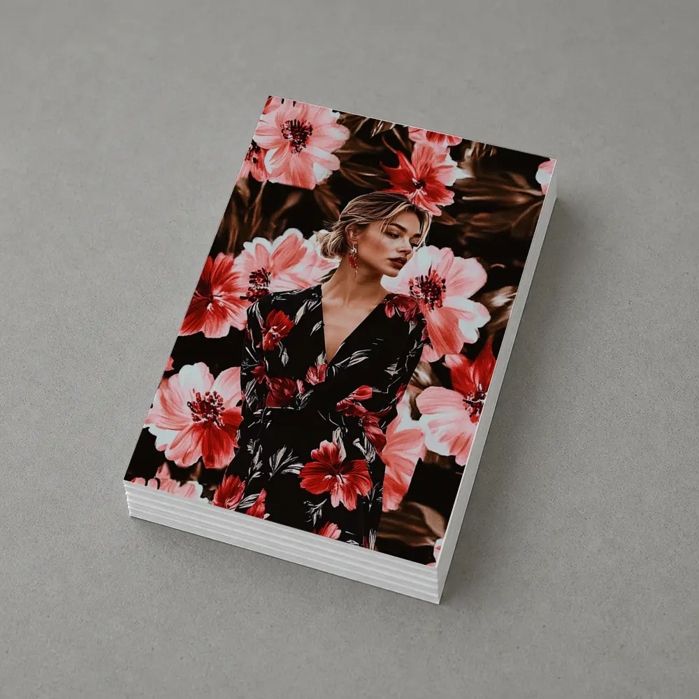 Woman in Floral Dress Dark Botanical Background – Postcards