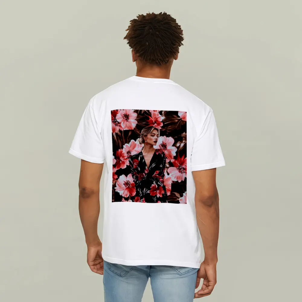 Woman in Floral Dress Dark Botanical Background – T-Shirts