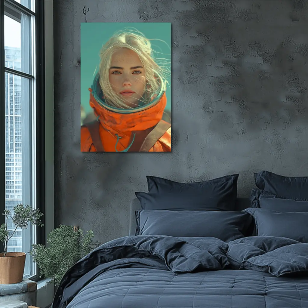 Blonde Astronaut Woman Orange Spacesuit Portrait – Wall Art