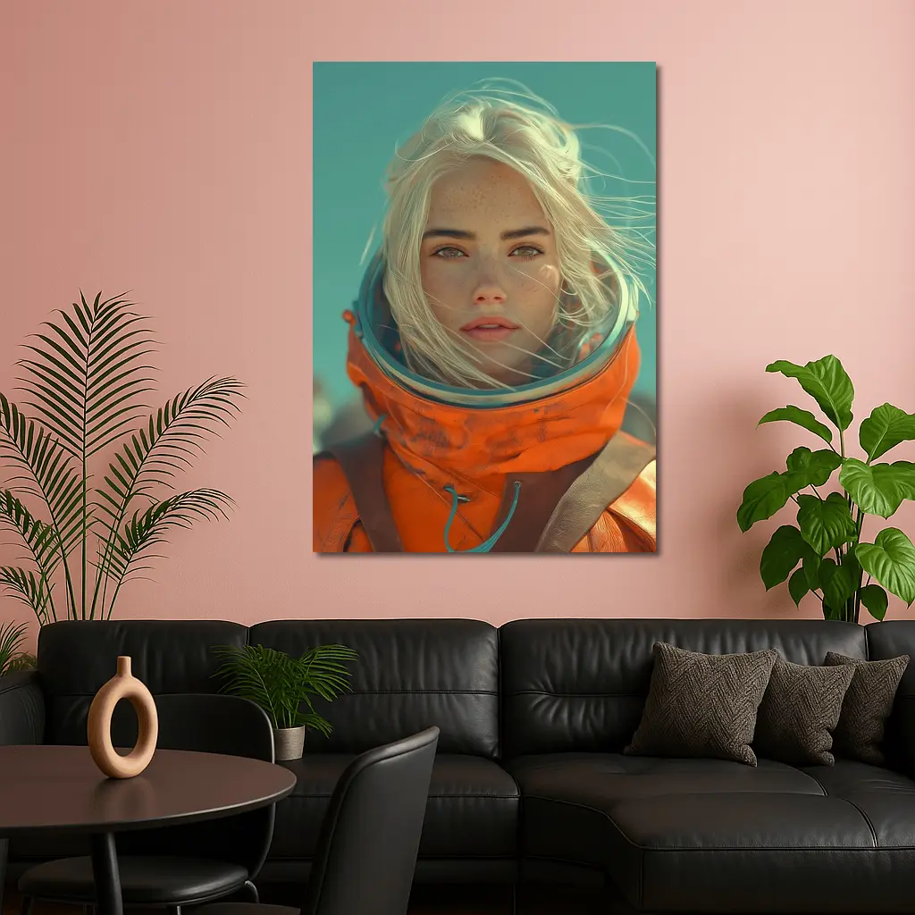 Blonde Astronaut Woman Orange Spacesuit Portrait – Wall Art