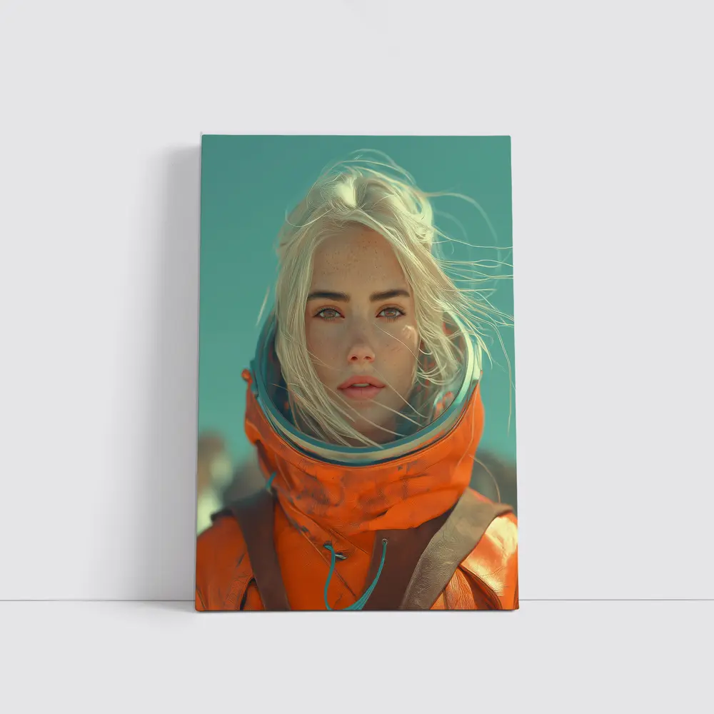 Blonde Astronaut Woman Orange Spacesuit Portrait – Wall Art