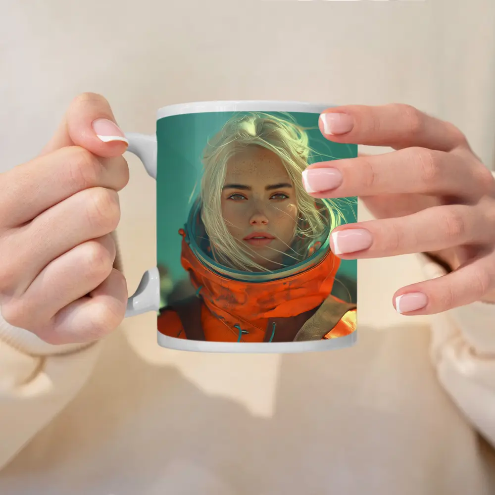 Blonde Astronaut Woman Orange Spacesuit Portrait – Mugs