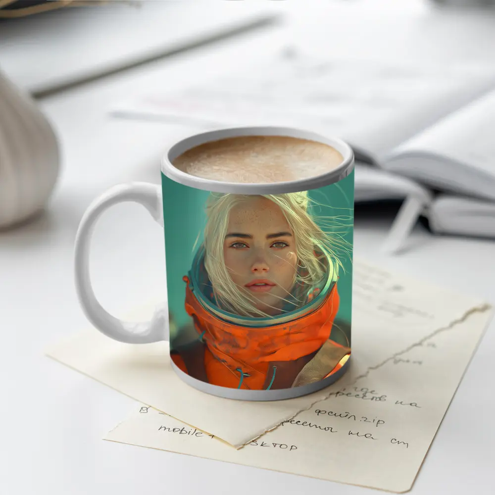 Blonde Astronaut Woman Orange Spacesuit Portrait – Mugs