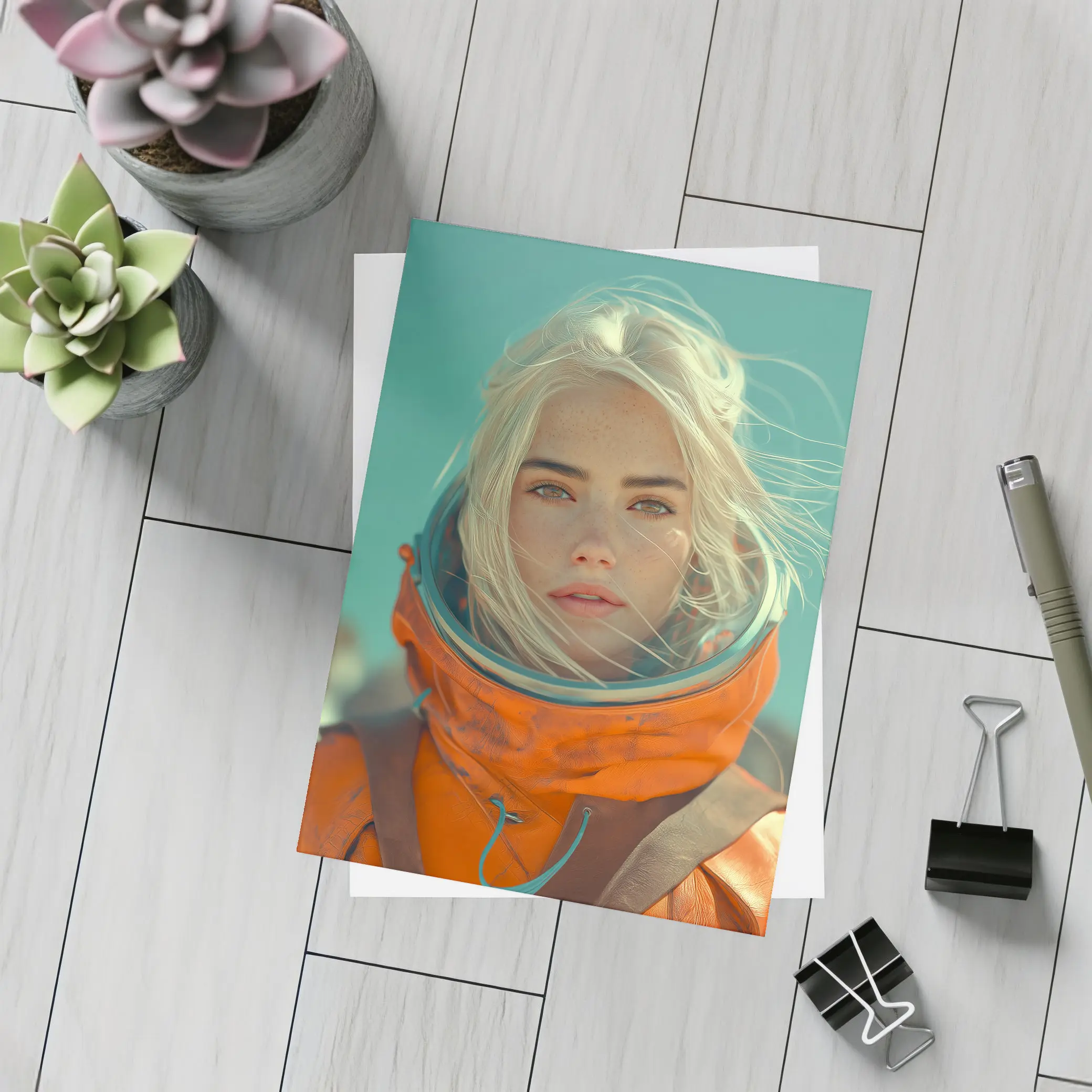 Blonde Astronaut Woman Orange Spacesuit Portrait – Postcards
