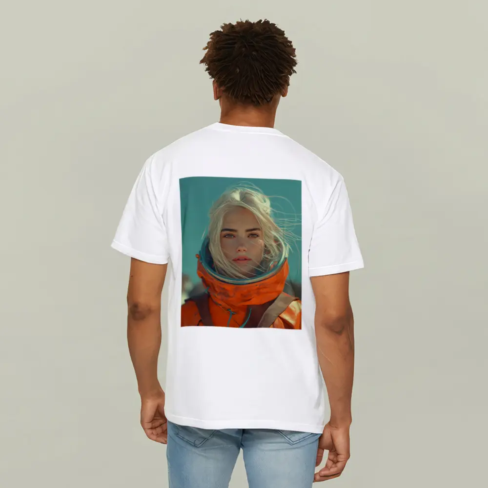 Blonde Astronaut Woman Orange Spacesuit Portrait – T-Shirts