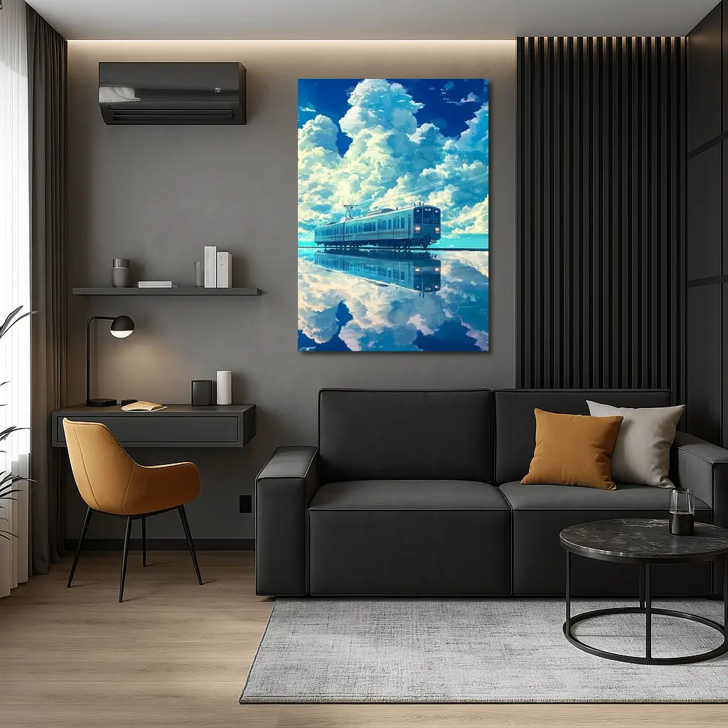 Anime Train Reflecting Dramatic Blue Sky – Wall Art