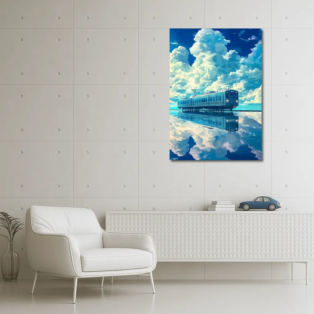 Anime Train Reflecting Dramatic Blue Sky – Wall Art