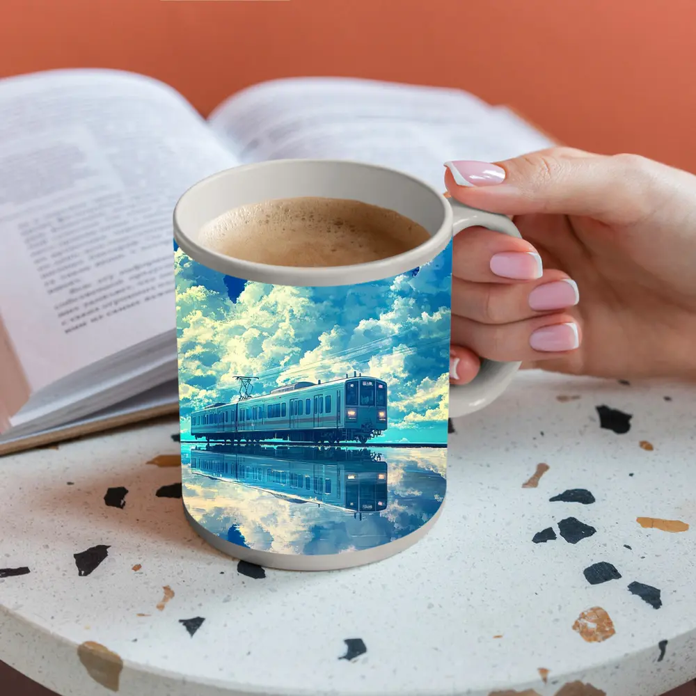 Anime Train Reflecting Dramatic Blue Sky – Mugs