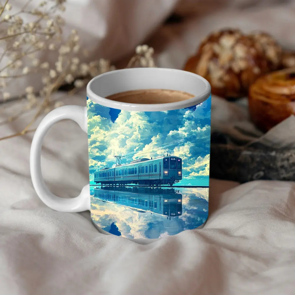 Anime Train Reflecting Dramatic Blue Sky – Mugs