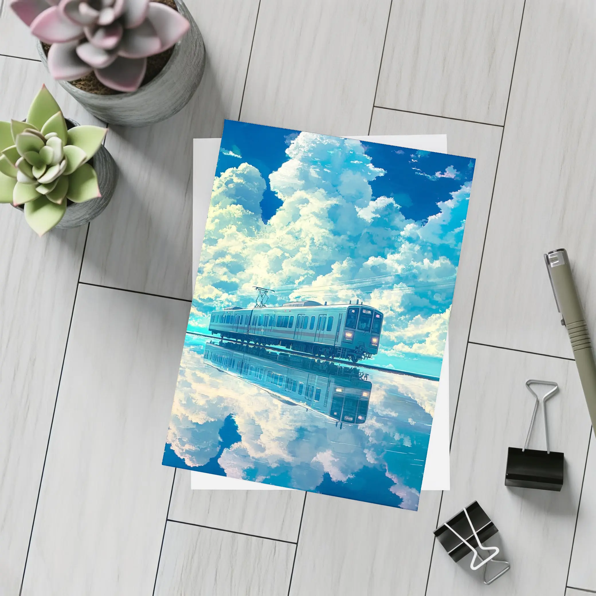 Anime Train Reflecting Dramatic Blue Sky – Postcards