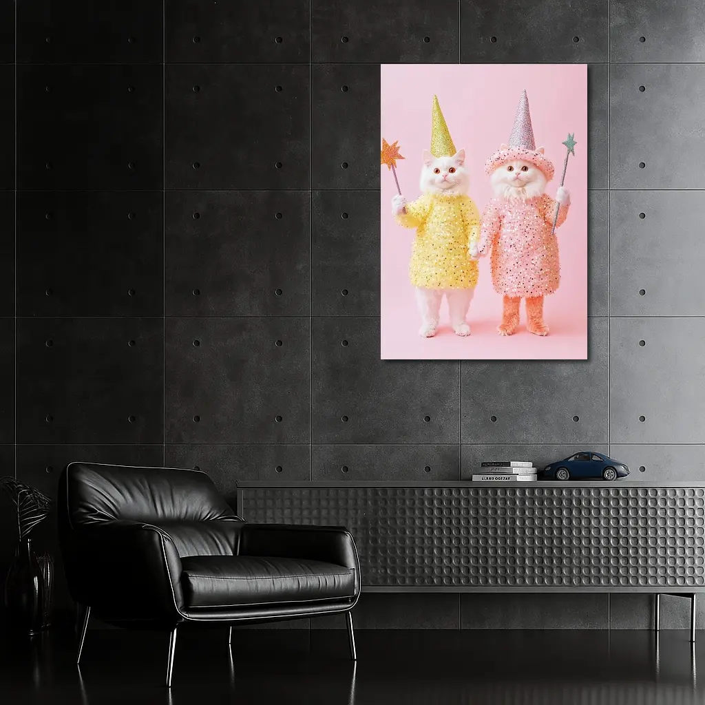 White Cats Wizard Costumes Pink Background – Wall Art