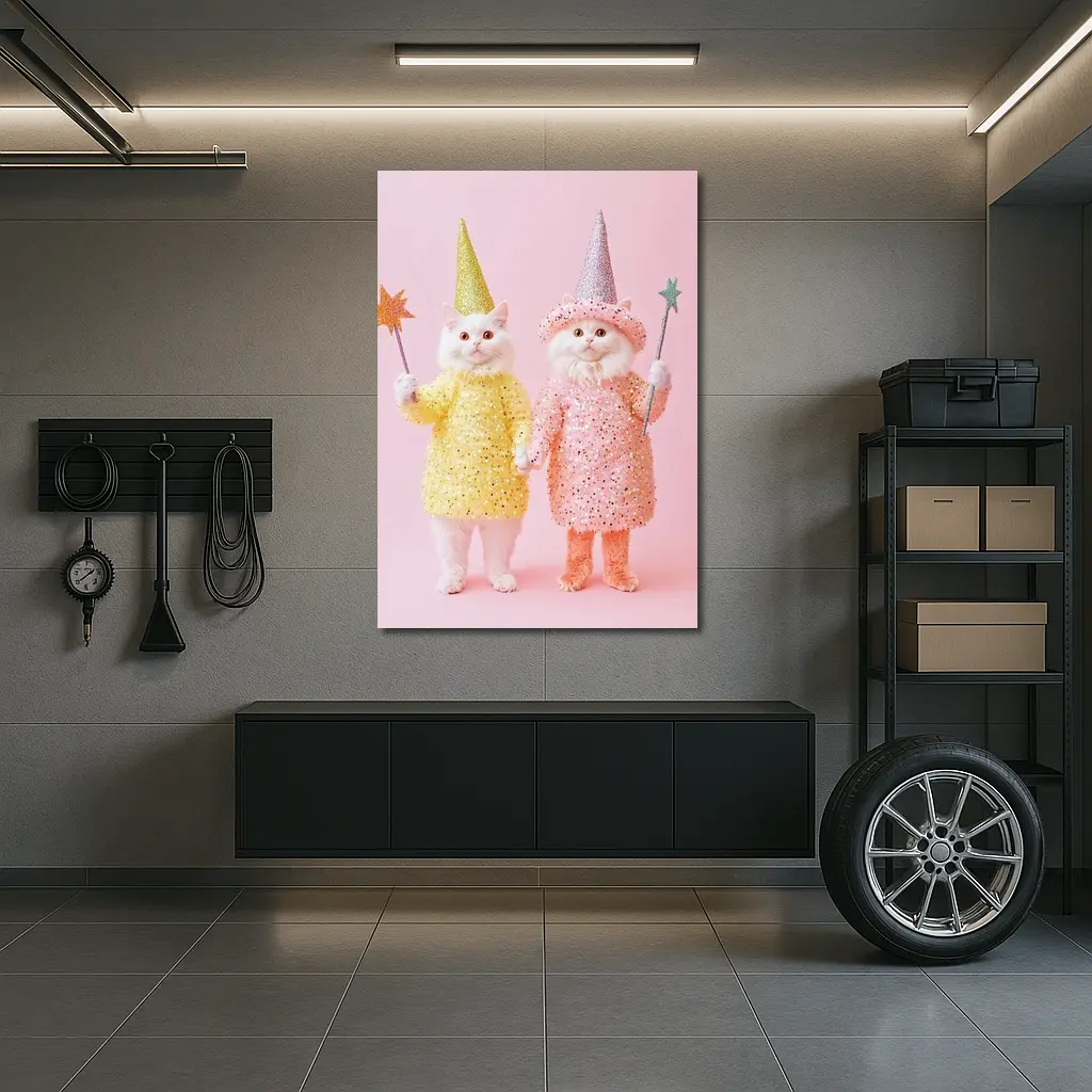 White Cats Wizard Costumes Pink Background – Wall Art