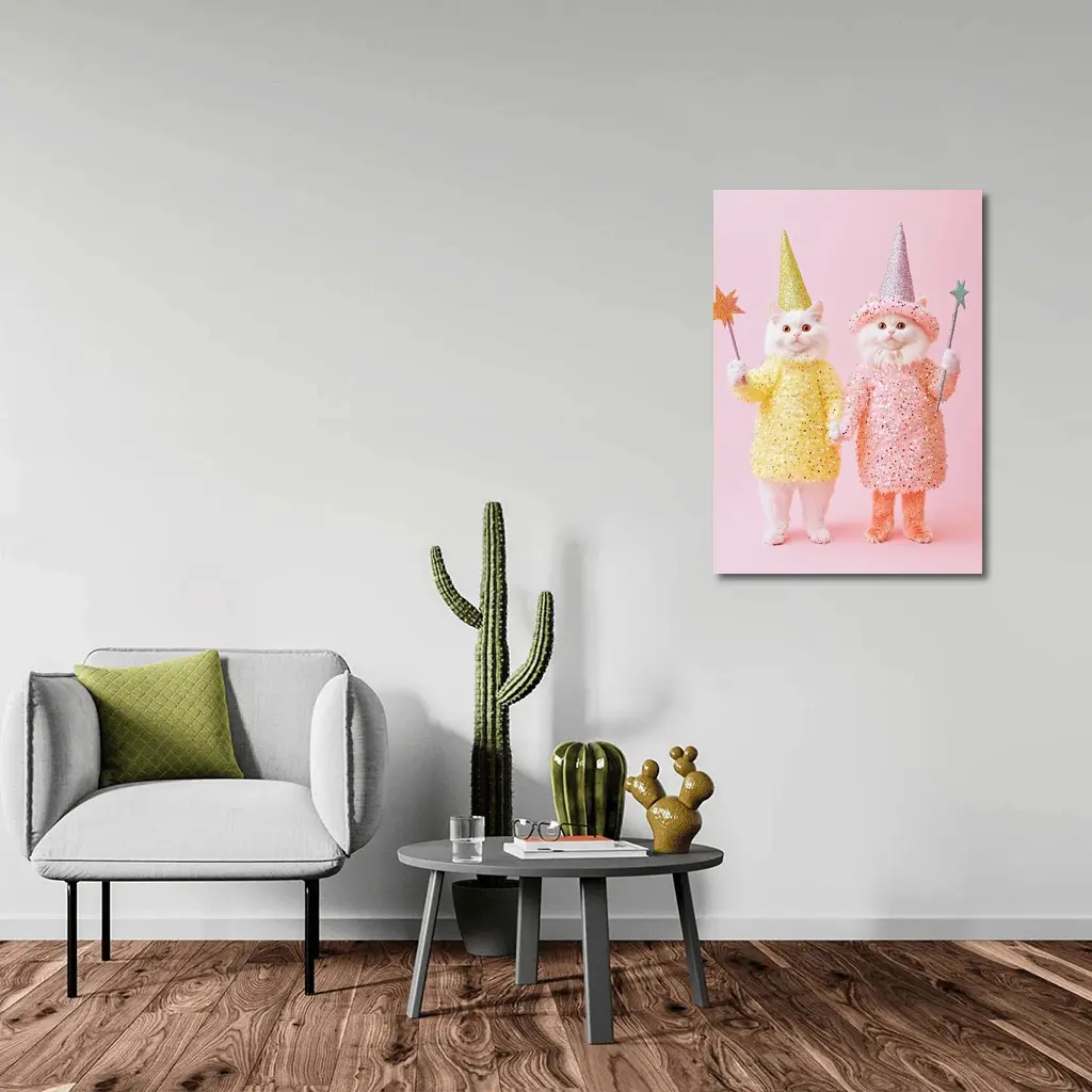 White Cats Wizard Costumes Pink Background – Wall Art