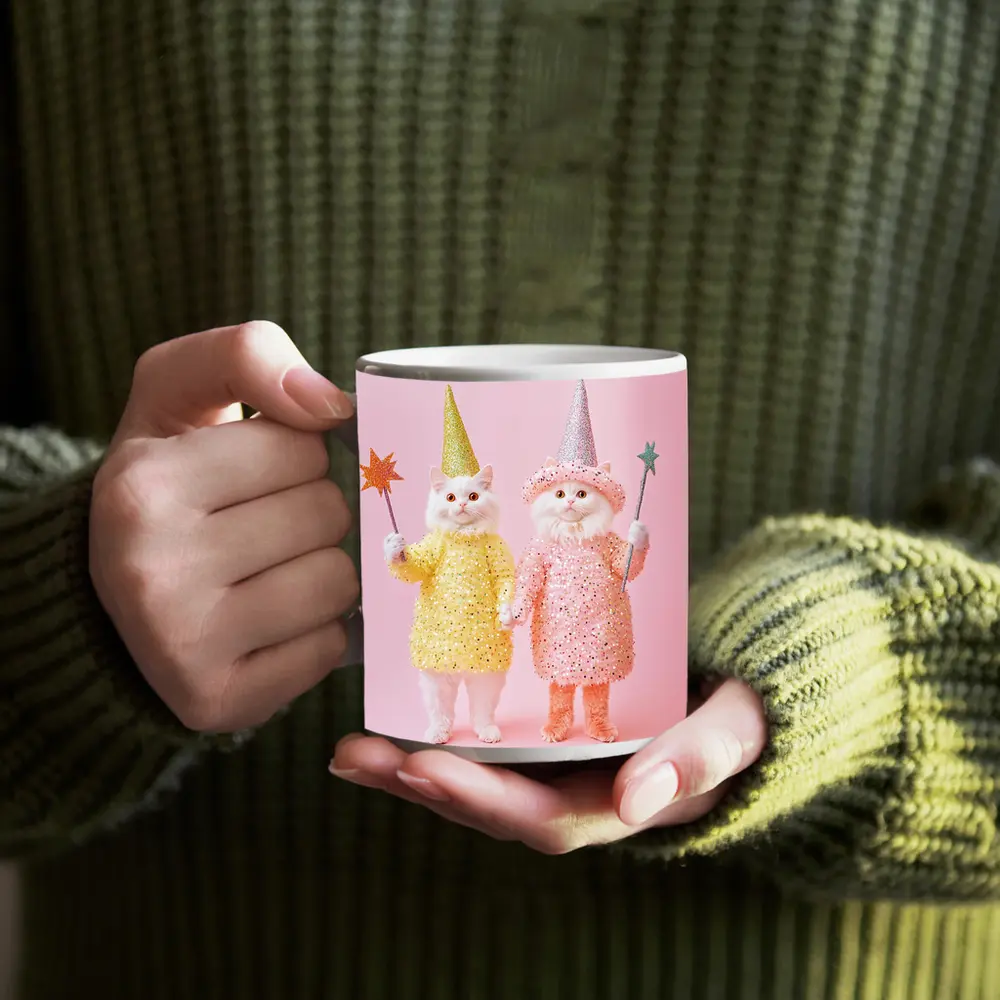 White Cats Wizard Costumes Pink Background – Mugs