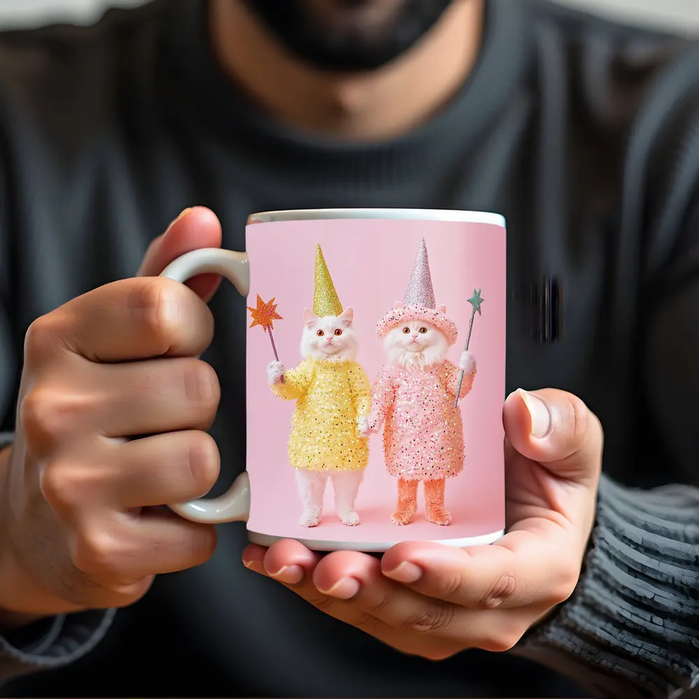 White Cats Wizard Costumes Pink Background – Mugs