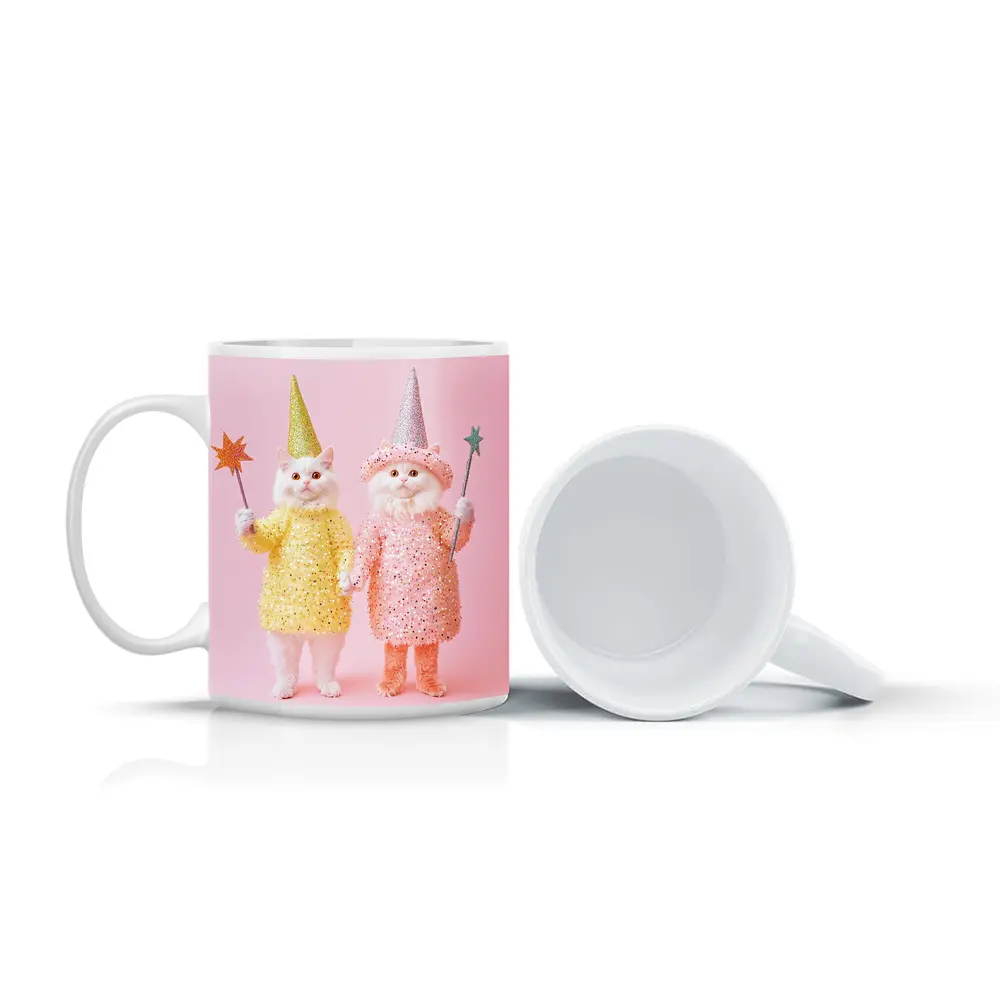 White Cats Wizard Costumes Pink Background – Mugs