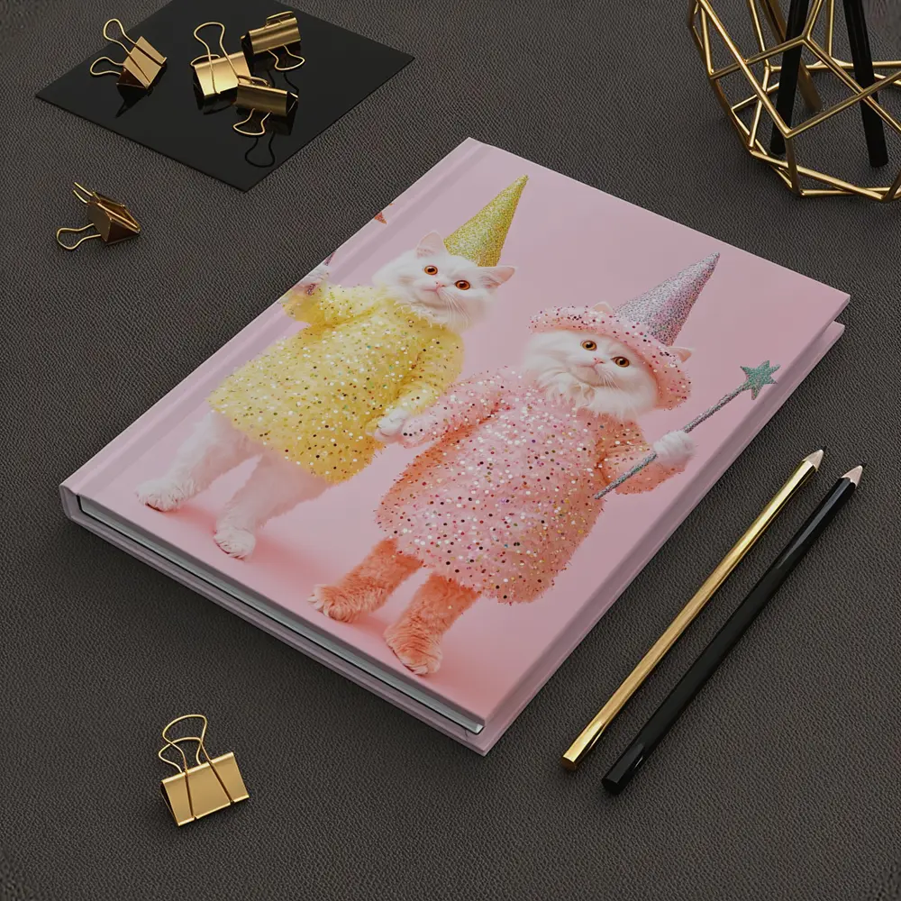 White Cats Wizard Costumes Pink Background – Notebooks